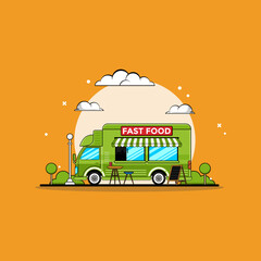 Restaurant food delivery truck with meal icons illustration. fast food icon concept isolated. flat cartoon style vector