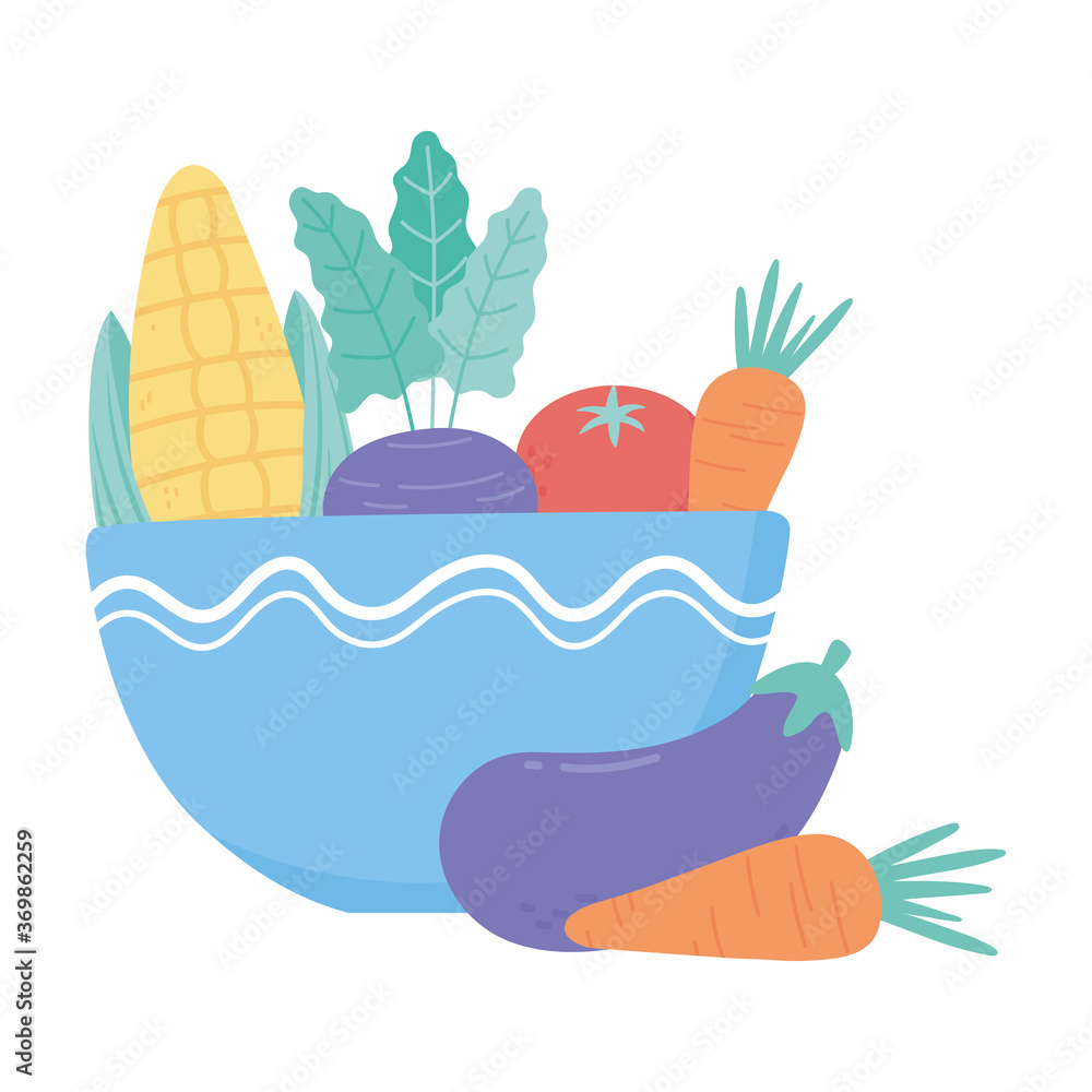 Wall mural food fresh vegetables in blue bowl isolated icon design white background