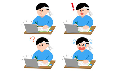 オンライン授業を受けるハチマキ私服男性