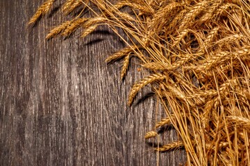 There are golden ears on a wooden table