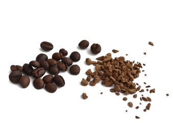 scattered grains of coffee, ground and whole on a white background