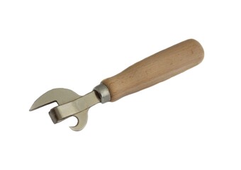 Metal can opener with wooden handle on white background