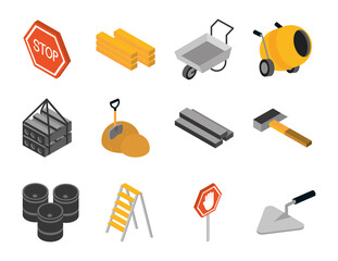 isometric repair construction work tool and equipment ladder mixer concrete barrel shovel soil hammer flat style icons set