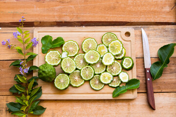 background texture nature kaffir lime slice herbal medication local flora of asia arrangement flat lay style 