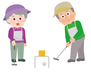 ゲートボールをする高齢男女2 イラスト