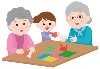 手先でレクリレーション　子供と折り紙する高齢者2　イラスト