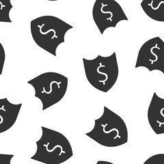 Shield with money icon in flat style. Cash protection vector illustration on white isolated background. Banking seamless pattern business concept.