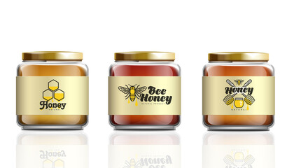 Realistic glass honey jar mockup set with label logo template