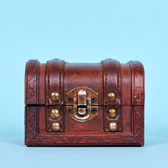 Wooden chest decoration, home casket. Isolated on blue background.