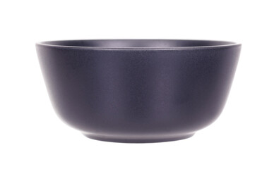 Dark empty round bowl, ceramic kitchen dishware, isolated on white background.