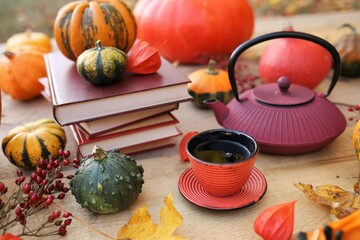  Thanksgiving holiday. Cozy  tea party. International Book Day. Writer's day.Cup with tea, red teapot, books, assorted pumpkins set, autumn yellow leaves on a wooden table in the garden.picnic