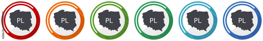 Poster Map of Poland icon set, flat design vector illustration in 6 colors options for webdesign and mobile applications