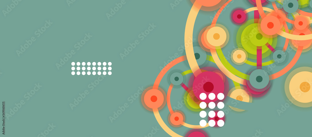 Poster flat style geometric abstract background, round dots or circle connections on color background. tech