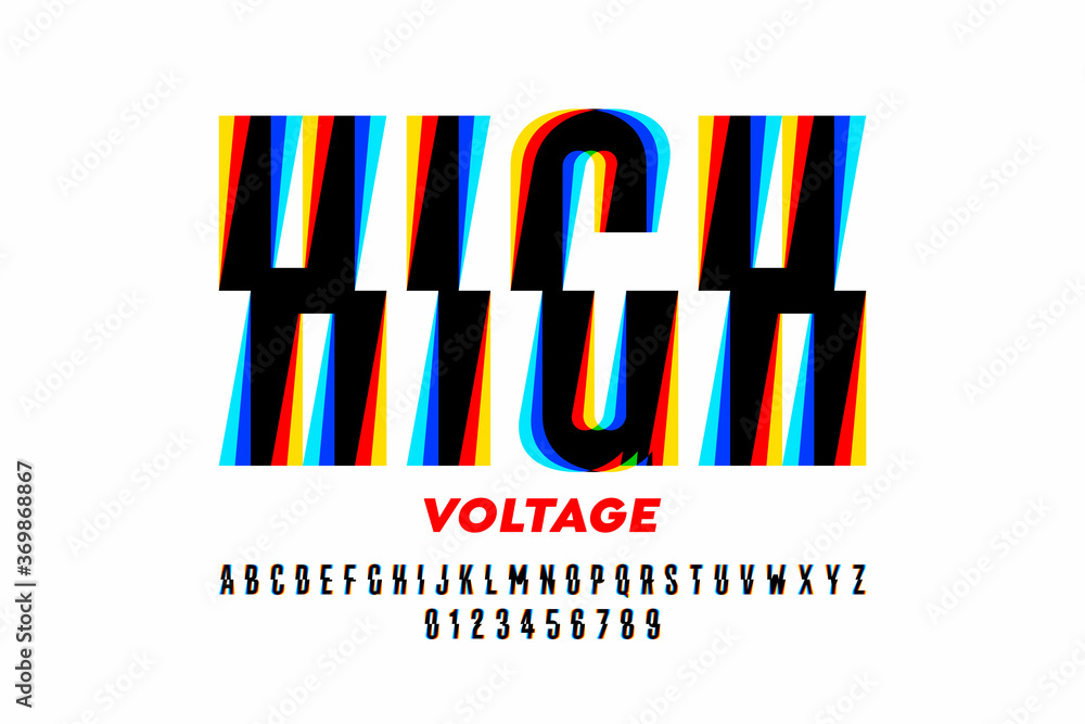 Poster high voltage style font design, alphabet letters and numbers