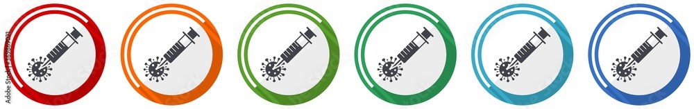 Poster coronavirus vaccine, injection icon set, flat design vector illustration in 6 colors options for web