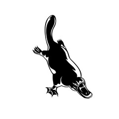 Duck-Billed Platypus Ornithorhynchus Anatinus Diving Retro Woodcut Black and White