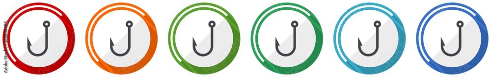 Aufkleber fishing hook icon set, flat design vector illustration in 6 colors options for webdesign and mobile 