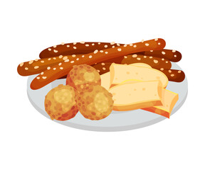 Festive Food for Oktoberfest Celebration with Wurst and Sliced Cheese Rested on Plate Vector Illustration