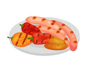 Grilled Sausages and Pepper Rested on Plate as Festive Food for Oktoberfest Celebration Vector Illustration
