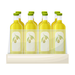 Olive Oil Bottles Rested on Supermarket Shelf in Row Vector Illustration