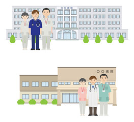 病院前にいる若手の男性医師と看護師たち

