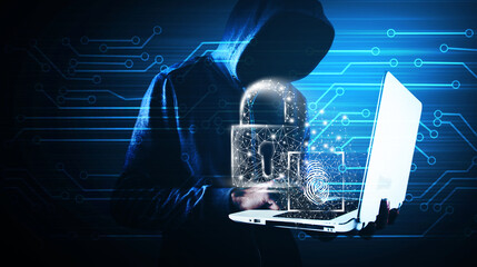  Hacker with laptop. Computer crime..3D illustration