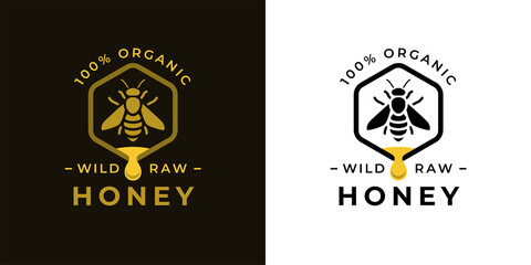 100% Natural wild raw organic honey logo label concept with bee symbol inside hexagon honeycomb nectar drop sign. Beekeeper farm badge brand identity template. Vector illustration. 