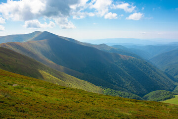 Fototapeta premium hills and meadows under the blue sky with clouds. hills and meadows under the blue sky with clouds. mountain landscape in late summer on a sunny day. beautiful scenery in august.