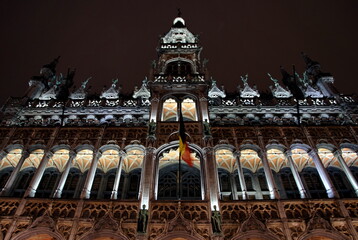 Night shot of illuminated facades on the Grand Place or Square also used in English or Grote Markt...