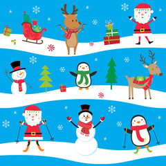Seamless Christmas cartoon, Cute Christmas character, Santa Clause and friends