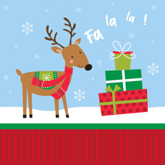 Cute Reindeer Fa la la with Christmas gift boxes