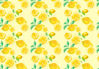 フレッシュなレモンの葉と果実の水彩イラスト。ベクターシームレスパターン。（イエロー背景）