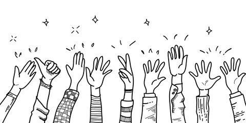 hand drawn of hands up, clapping ovation. applause, thumbs up gesture on doodle style , vector illustration