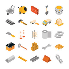 isometric repair construction work tool and equipment concrete mixer wheelbarrow hammer brush gear tape barricade flat style icons set