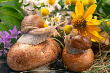 Helix pomatia. grape snails sit on mushrooms in nature. mollusc and invertebrate. delicacy meat and gourmet food.