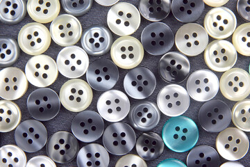 Obraz premium Plastic shiny buttons for clothes on a fabric background. Fashion and clothing. Factory industry.