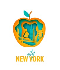 New York landscape in apple form frame in paper cut style. Cut out silhouette skyscraper, Statue of Liberty, business center. Vector 3D illustration of NYC papercut panorama in apple - symbol of city