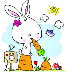 Vector illustration cartoon rabbit eating carrot  in carrot garden