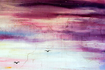 Abstract creative background of chaotic strokes of old cracked paint on concrete wall. Old surface with traces of paint, weathered, scratches and cracks for design