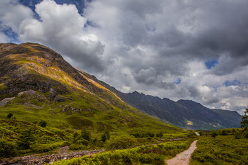 The mountain landscape in Glencoe, a valley in Highlands, Scotland.