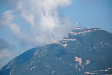wind genarators turbines on the pick of the mountain in Despotiko village at Ioannina perfecture greece