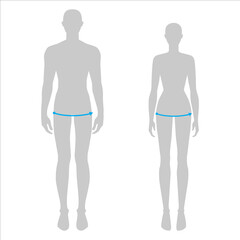 Fototapeta na wymiar Women and men to do hip measurement fashion Illustration for size chart. 7.5 head size girl and boy for site or online shop. Human body infographic template for clothes. 