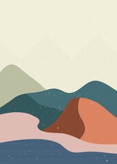 Abstract nature, sea, sky and mountain landscape. Geometric landscape background in asian japanese style. vector illustration