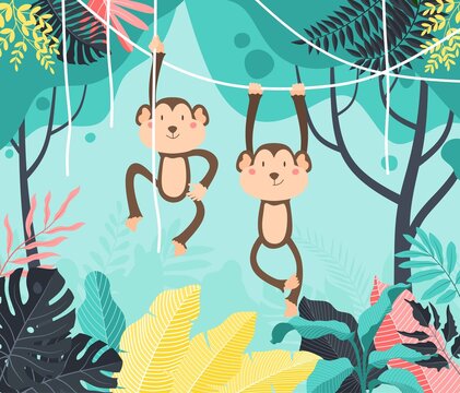 Cute Baby Monkey Hanging On Tree. A Cute Monkey Swinging From Vines, Lianes. Vector Illustration. Flat Design.