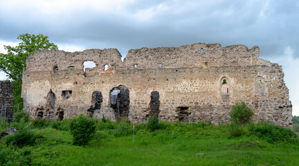 Medieval Castle Ruins in Latvia Rauna. Old Stoune Brick Wall of Raunas Castle Where Was Living Archbishop in Middle Age in Latvia.