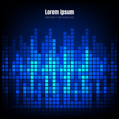 blue wave sound pixel equalizer background, square geometric digital space wallpaper, template for website cover poster banner brochure, flat vector graphic design