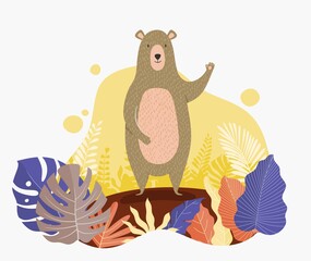 Autumn Bear and Leaves Cartoon Flat Illustration.