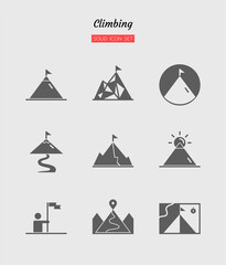 solid icon symbol set, climbing, hiking, backpacking, activity, adventure, Isolated flat silhouette vector design