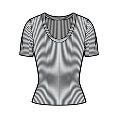 Ribbed scoop neck knit sweater technical fashion illustration with short rib sleeves, close-fitting shape. Flat outwear apparel template front, grey color. Women, men, unisex shirt top CAD mockup