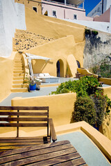 Yellow terrace of Fira town of Santorini, Greece